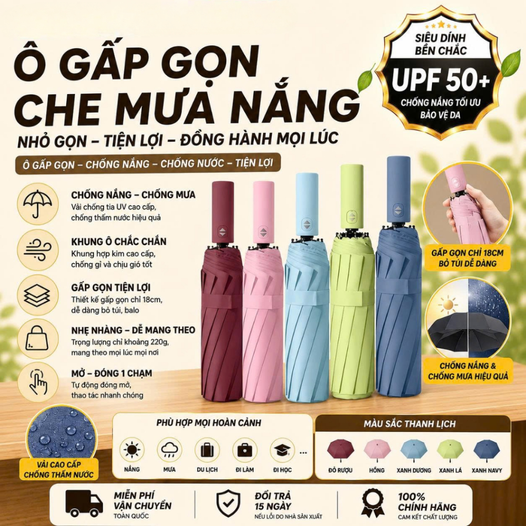 [Đơn 85k Nhận Quà] Ô dù che mưa nắng tự động 12 nan đôi xịn size trung có nút đóng mở thông minh chống UV gấp gọn