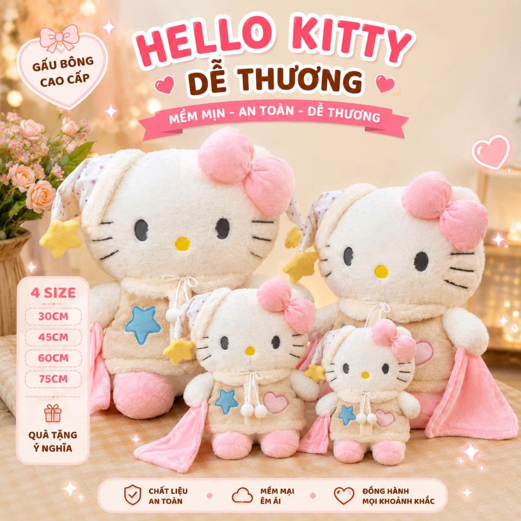 Gấu Bông Hello Kitty Dễ Thương 30cm, 45cm, 60cm, 75cm Cao Cấp, Quà Tặng Ngọt Ngào Cho Bé & Bạn Gái