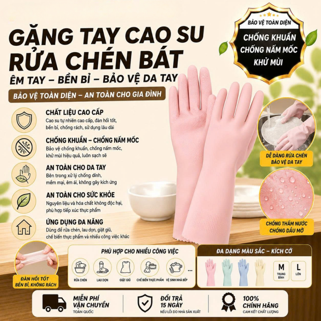 [Đơn 85k Nhận Quà] Găng tay rửa chén bát cao su tự nhiên bám dính tốt chống thấm nước
