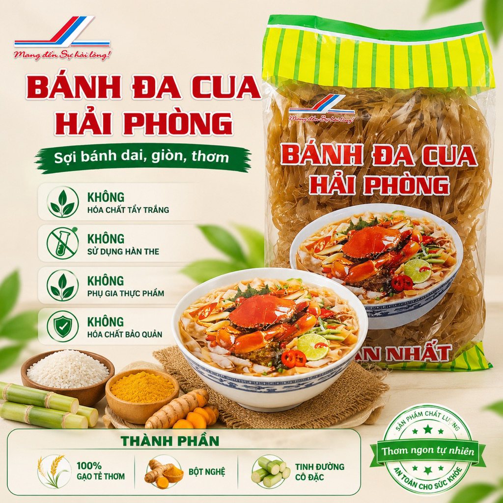 BÁNH ĐA CUA HẢI PHÒNG NHÂN NHẤT - Bánh đa tươi sấy khô ăn liền 400g, sợi dai mềm thơm ngon đặc sản