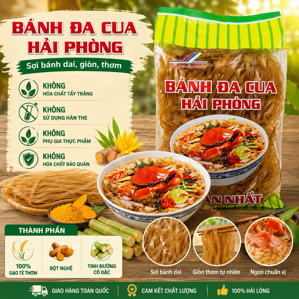 BÁNH ĐA CUA HẢI PHÒNG NHÂN NHẤT - Bánh đa tươi sấy khô ăn liền 400g, sợi dai mềm thơm ngon đặc sản