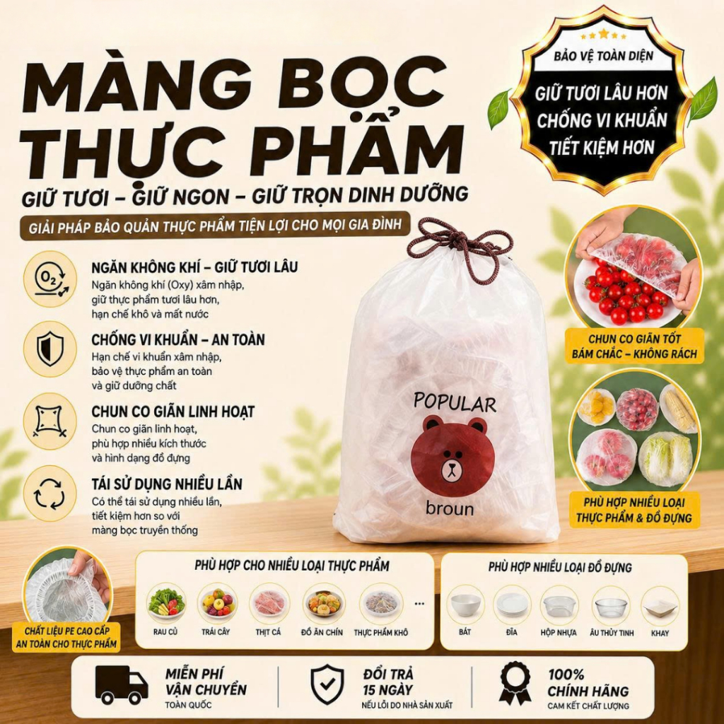 [Đơn 85k Nhận Quà] Set 500 Túi màng bọc thực phẩm chất liệu PE co giãn có chun siêu dai, túi gấu bọc thức ăn