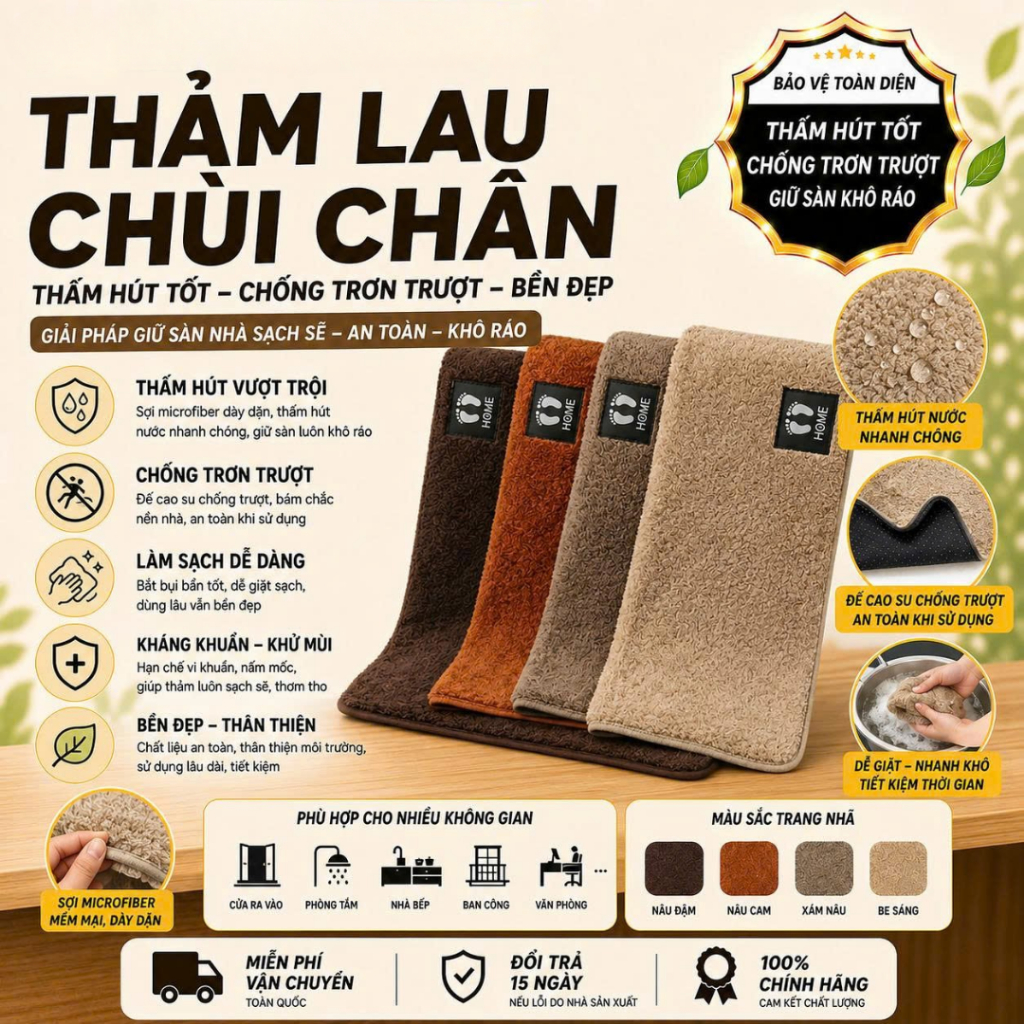 [Đơn 85k Nhận Quà] Thảm lau chùi chân phòng tắm nhà bếp phòng khách thấm hút tốt có đế cao su chống trơn trợt 40x60cm