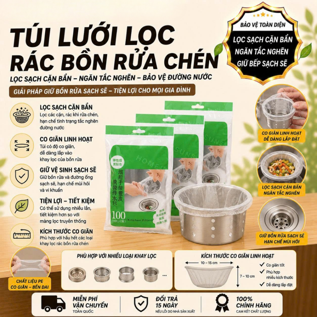 [Đơn 85k Nhận Quà] Túi lọc rác bồn rửa chén bát túi lưới lọc rác rửa bát co giãn có dây chun tự phân hủy