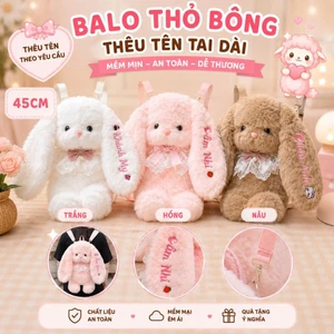 Balo Thỏ Bông Thêu Tên Tai Dài Tặng Yếm Cổ – Thú Bông Quà Tặng Dễ Thương Cho Bé Gái