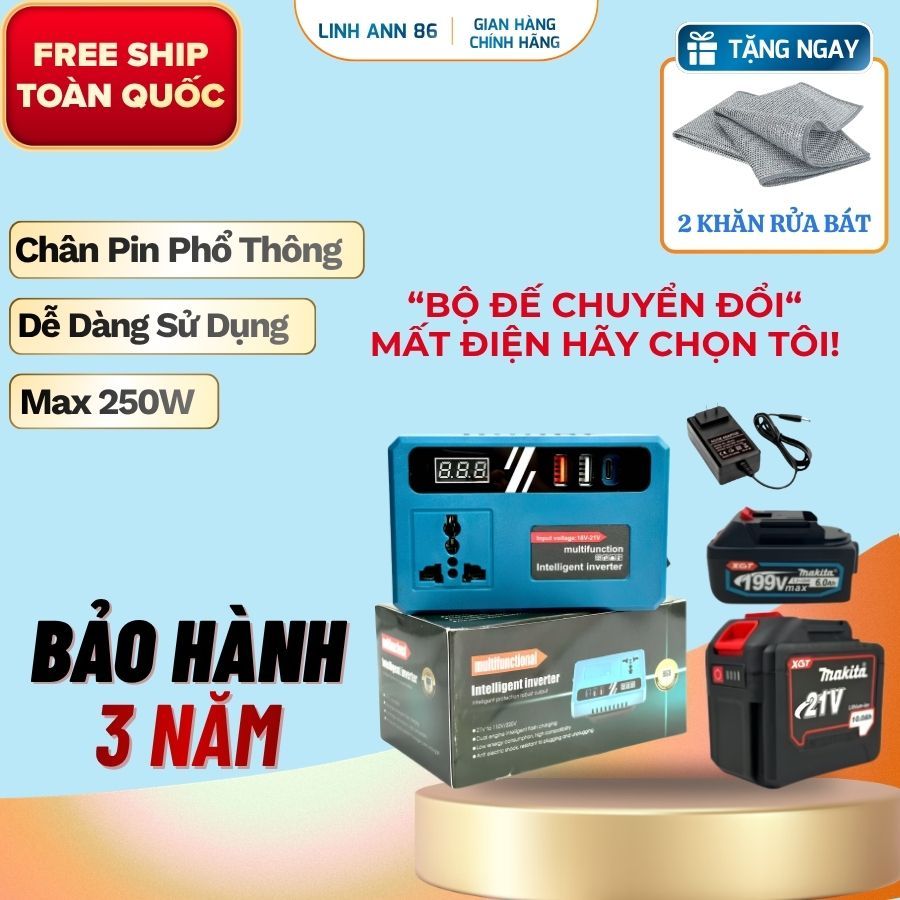 Đế Chuyển Đổi Nguồn Điện 21V sang 110-220V, Chân Pin Phổ Thông 4cm, Đèn LED USB Tiện Lợi.