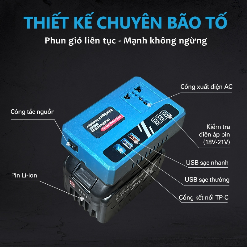 Đế Chuyển Đổi Nguồn Điện 21V sang 110-220V, Chân Pin Phổ Thông 4cm, Đèn LED USB Tiện Lợi.