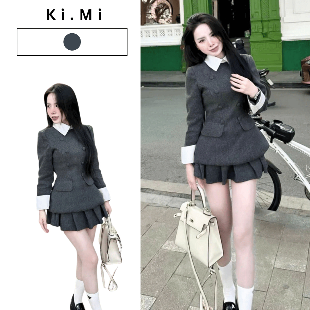 Set váy dạ Tweed áo Vest cổ sơ mi trắng phối chân váy xếp ly ngắn thanh lịch đi chơi dự tiệc cực xinh