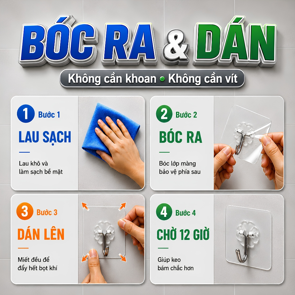 Combo Móc Dán Tường Keo NANO Chịu Lực Tốt Vòm Decor – Keo Siêu Dính, Không Khoan Đục, Chống Nước Dùng Cho Nhà Tắm & Bếp