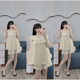 BỘ BẦU ĐÙI ĐŨI HÀN IN HÌNH NƠ CỔ VUÔNG - 2 Màu - Quần Có Chun Chỉnh