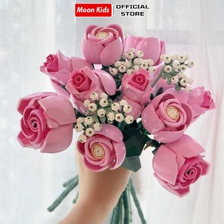 Mô hình Pink Rose bó hoa hồng màu hồng 12 bông decor 789pcs Trang Trí Để Bàn, Quà Tặng Valentine