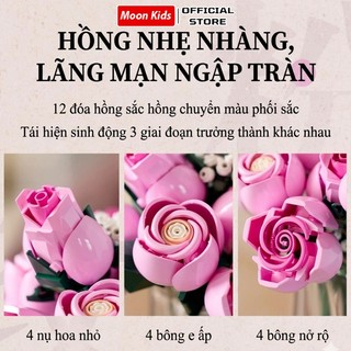 Mô hình Pink Rose bó hoa hồng màu hồng 12 bông decor 789pcs Trang Trí Để Bàn, Quà Tặng Valentine