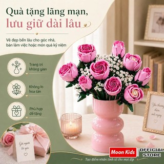 Mô hình Pink Rose bó hoa hồng màu hồng 12 bông decor 789pcs Trang Trí Để Bàn, Quà Tặng Valentine