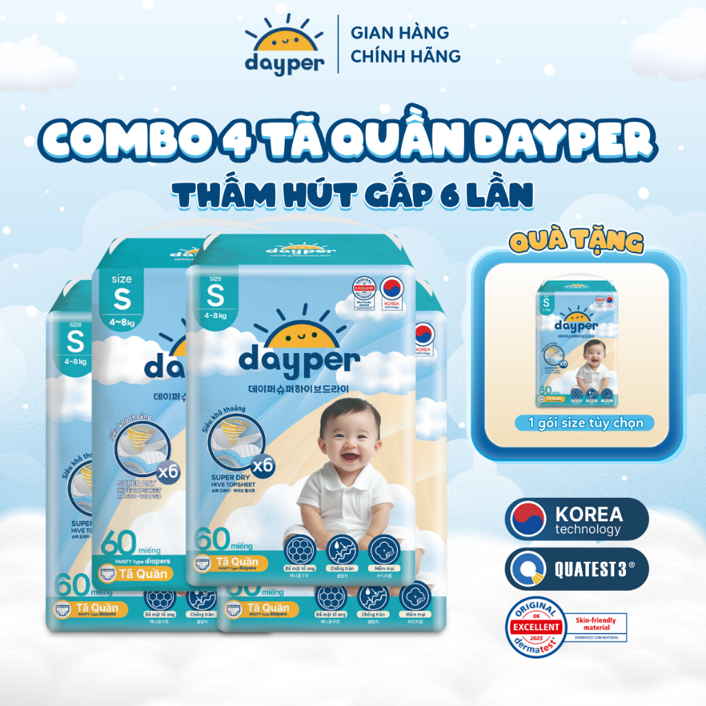 Combo 4 gói tã/bỉm quần Dayper S60/M58/L52/XL50/XXL46-Super Hive Dry thấm hút gấp 6 lần