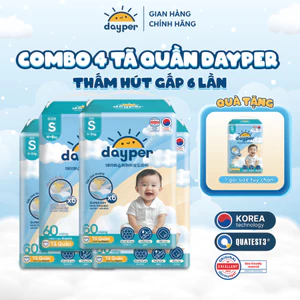 Combo 4 gói tã/bỉm quần Dayper S60/M58/L52/XL50/XXL46-Super Hive Dry thấm hút gấp 6 lần