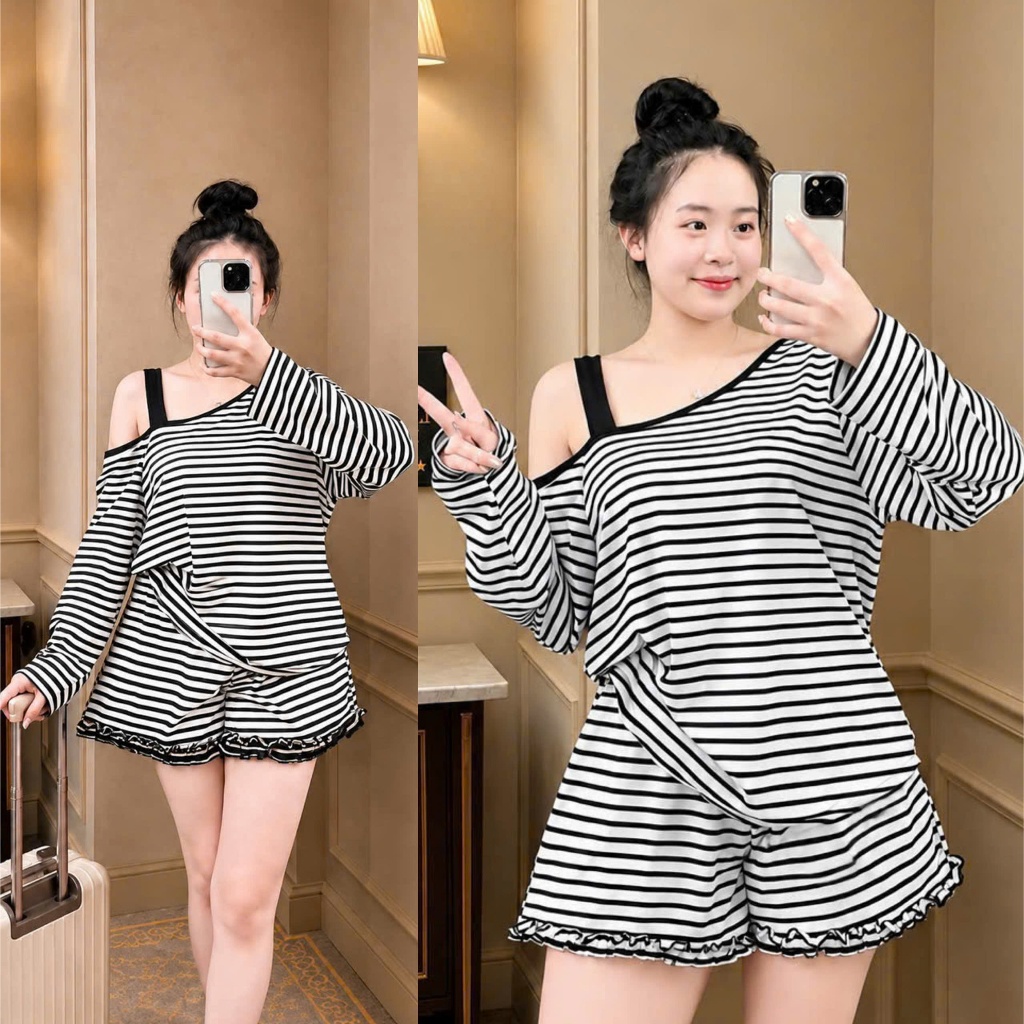 Set Bộ Bigsize Nữ FORM RỘNG Kẻ Sọc Áo Lệch Vai Dài Tay+Quần Short Bèo Co Giãn 4 Chiều 50-92kg SET873