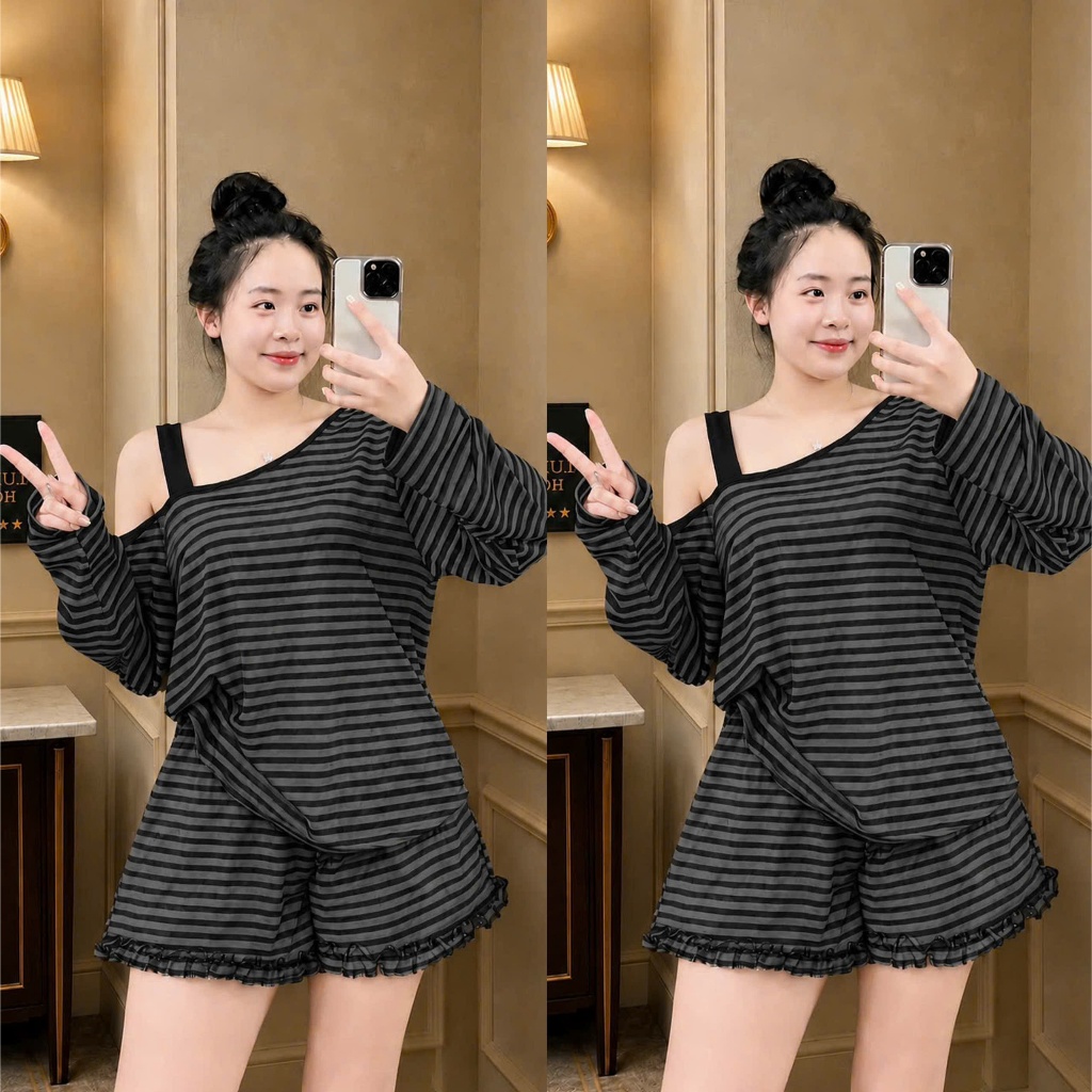 Set Bộ Bigsize Nữ FORM RỘNG Kẻ Sọc Áo Lệch Vai Dài Tay+Quần Short Bèo Co Giãn 4 Chiều 50-92kg SET873