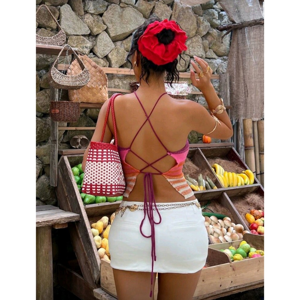 Áo kiểu dệt lưới hoa văn nhiều màu sắc gợi cảm phong cách Boho Bohemian (Order 8 ngày)