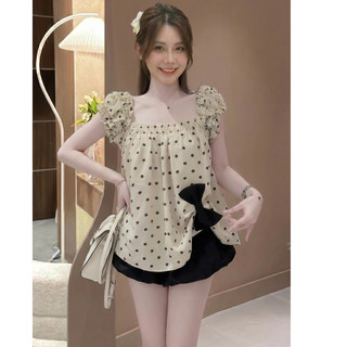 Set Đồ Nữ, Set Áo Trễ Vai Gắn Nơ Phối Quần Bí Dáng Phồng Phong Cách Hàn Quốc