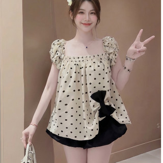 Set Đồ Nữ, Set Áo Trễ Vai Gắn Nơ Phối Quần Bí Dáng Phồng Phong Cách Hàn Quốc