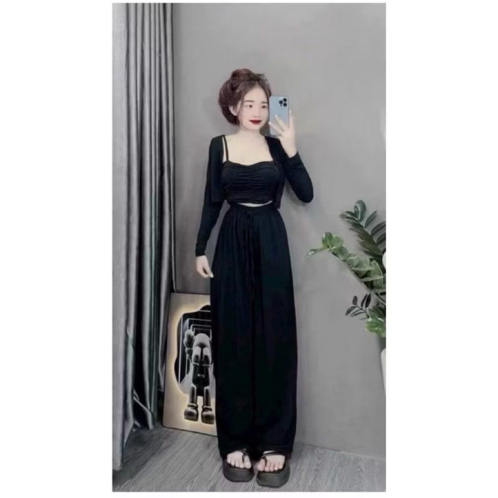 L52- Sét 3 món thun tăm dài, áo dây có mút ngực, áo khoác tay dài, quần suông dài (38-55kg)