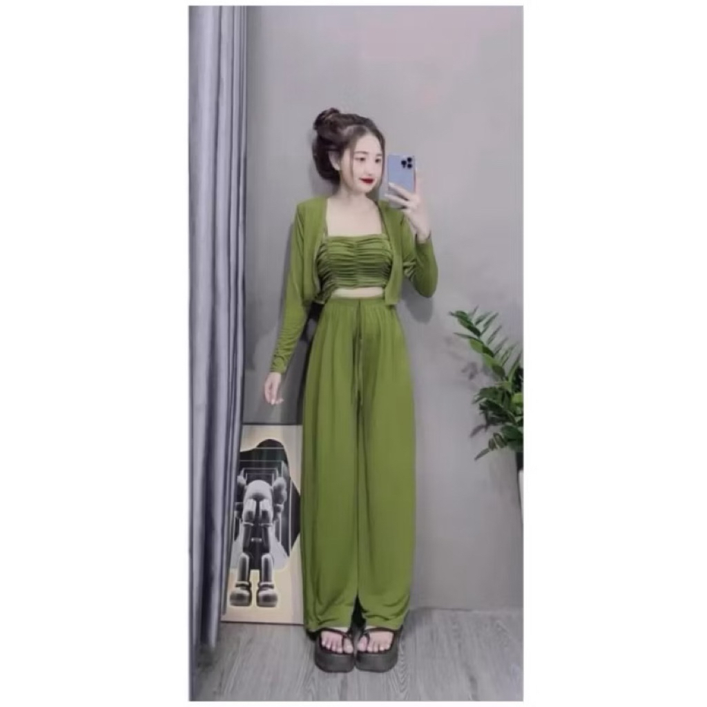 L52- Sét 3 món thun tăm dài, áo dây có mút ngực, áo khoác tay dài, quần suông dài (38-55kg)