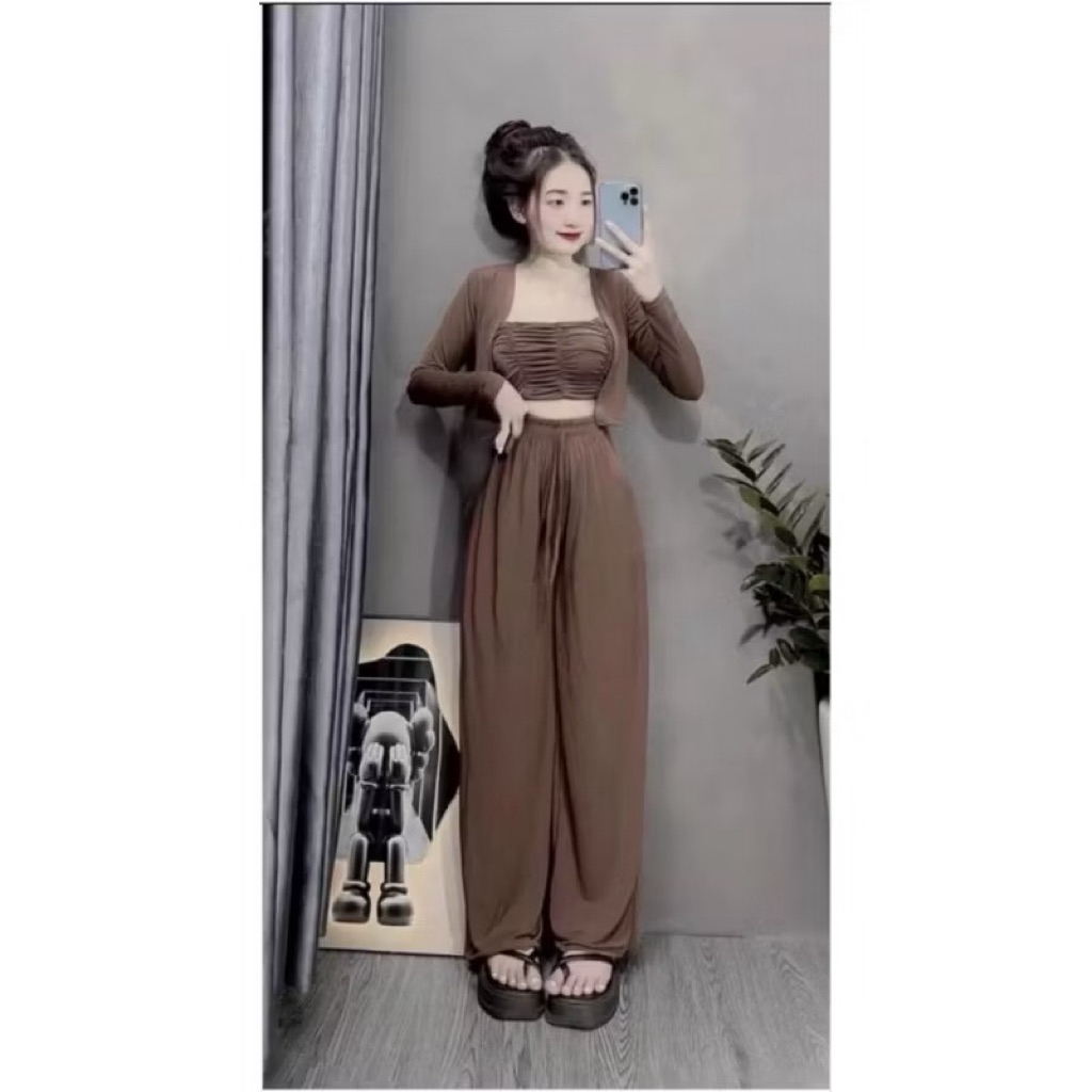 L52- Sét 3 món thun tăm dài, áo dây có mút ngực, áo khoác tay dài, quần suông dài (38-55kg)