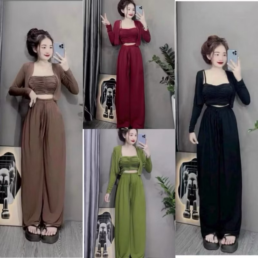L52- Sét 3 món thun tăm dài, áo dây có mút ngực, áo khoác tay dài, quần suông dài (38-55kg)