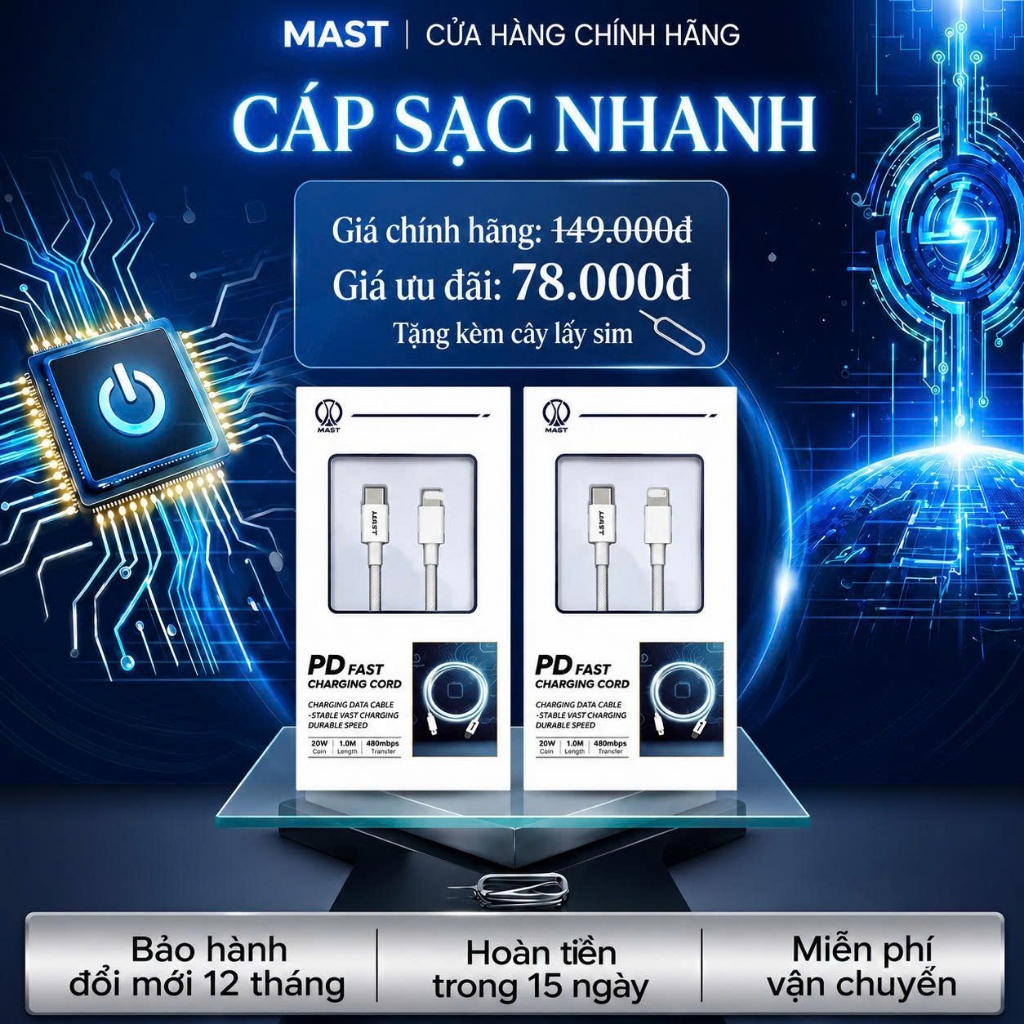 Cáp Sạc Nhanh Chính Hãng MAST, Dùng Cho iPhone 6-18Promax. Bọc Dù Chống Gãy Gập Sạc Ổn Định An Toàn