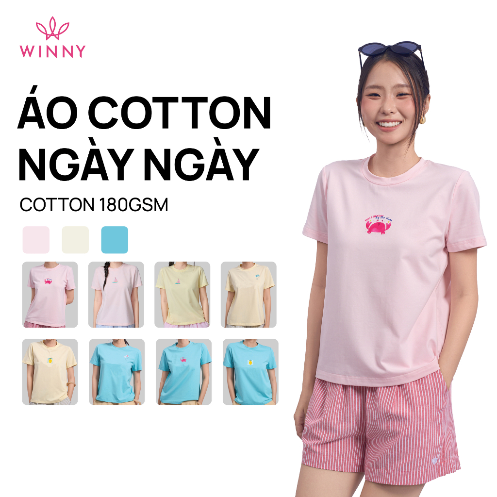 Áo thun nữ WINNY cổ tròn cotton 180 gsm tay ngắn hình in mùa hè | 1HACT26009N