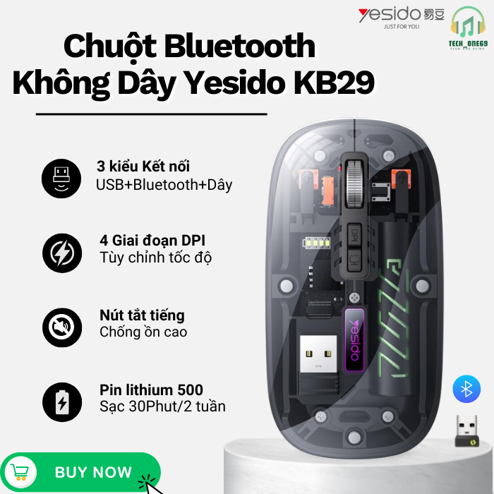 Chuột Không Dây Yesido KB29 Blue+USB, Thiết Kế Trong Suốt, Click Chống Ồn 90%, 3 Mức DPI Tùy Chỉnh