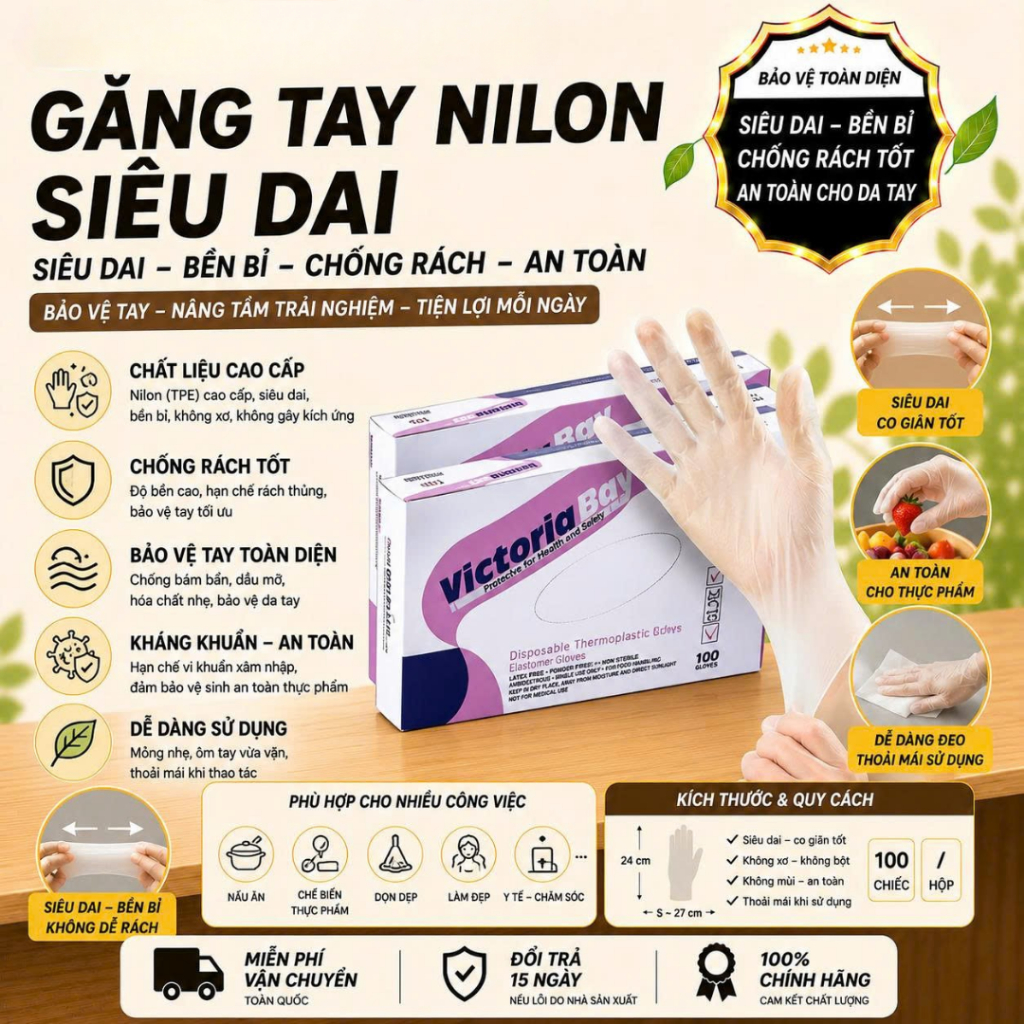 [Đơn 85k Nhận Quà] Hộp 100 găng tay nấu ăn siêu dai Victoria Bay găng tay làm bếp chất liệu TPE không mùi chống nhăn