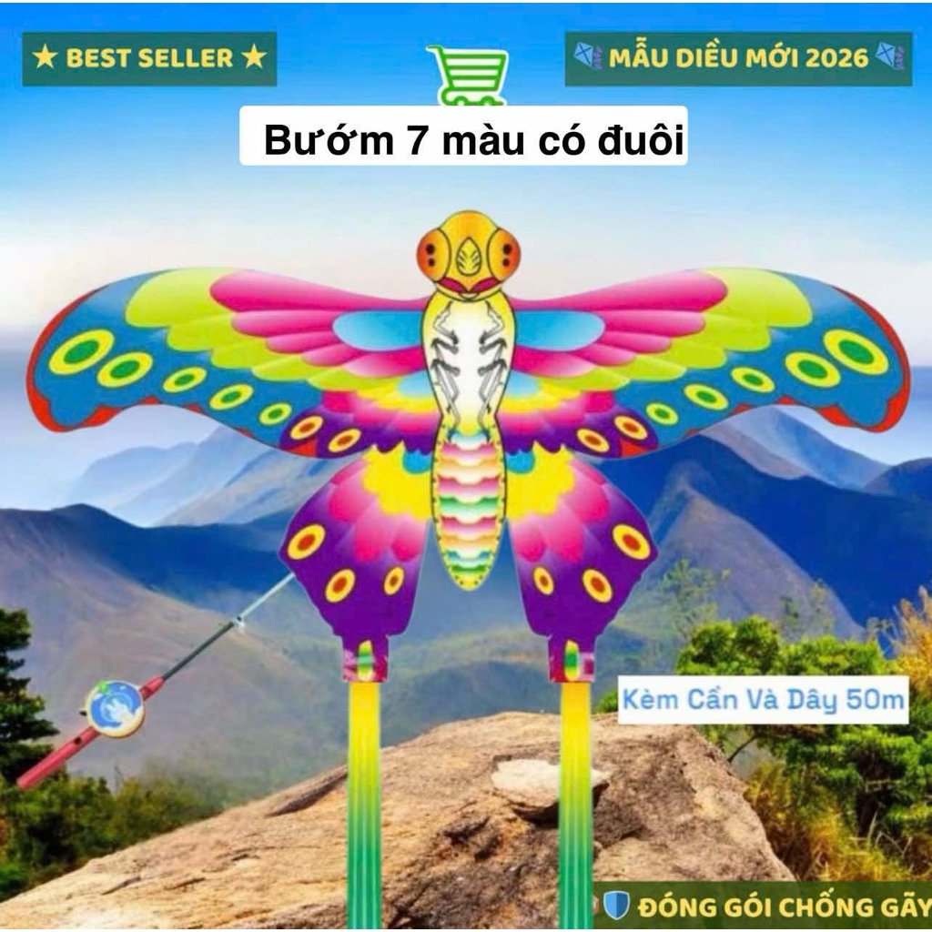 DIỀU CẦN CÂU MẪU MỚI 2026 - Diều 3D Size 50x80cm Hàng Vip Tặng Kèm Cần Câu Và Dây Dài 50 Mét Cho Các Bé Vui Chơi Ngày Hè