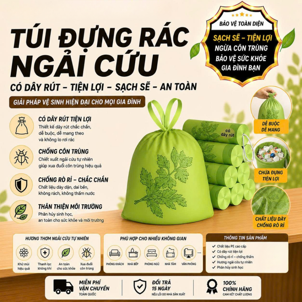 [Đơn 85k Nhận Quà] Túi đựng rác hương ngải cứu  xua đuổi ruồi muỗi côn trùng, túi rác siêu dai có dây rút