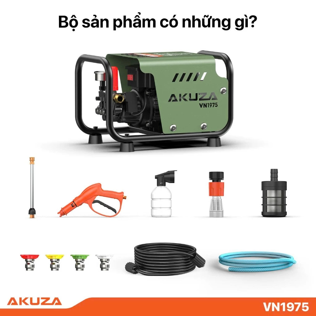 Máy Rửa Xe AKUZA VN1975 Lõi Đồng 100% Động Cơ Cảm Ứng Từ 1.5HP Lưu Lượng 8L/Phút Tặng Full Phụ Kiện