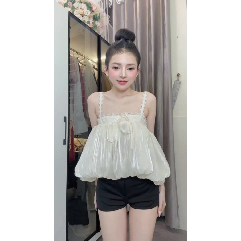| LYN WEAR | Áo 2 dây babydoll phối ren thắt nơ dáng xoè đi biển du lịch mùa hè