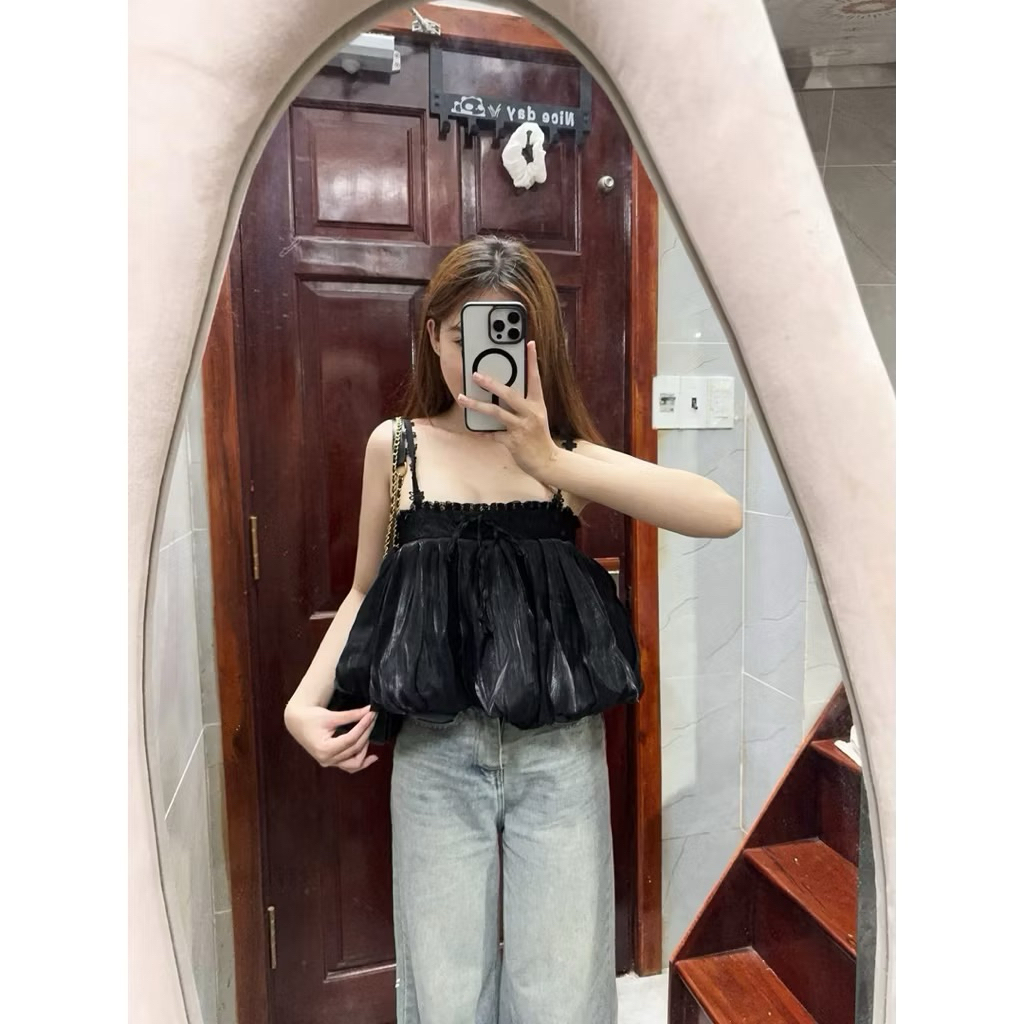 | LYN WEAR | Áo 2 dây babydoll phối ren thắt nơ dáng xoè đi biển du lịch mùa hè