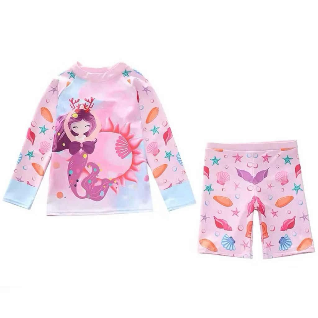 Đồ bơi cho bé gái áo dài tay+quần lửng size 10-35kg, đồ bơi bé gái chất thun bơi dầy dặn hoạ tiết rực rỡ