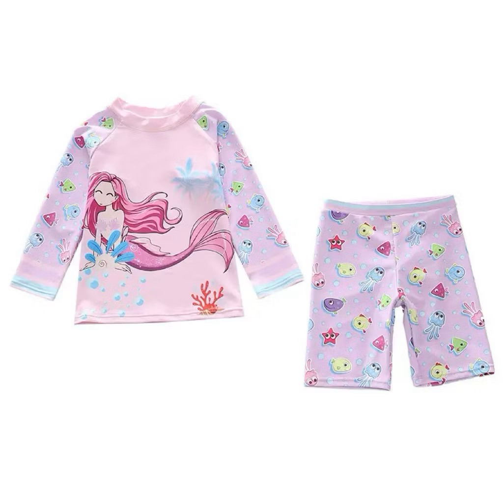 Đồ bơi cho bé gái áo dài tay+quần lửng size 10-35kg, đồ bơi bé gái chất thun bơi dầy dặn hoạ tiết rực rỡ