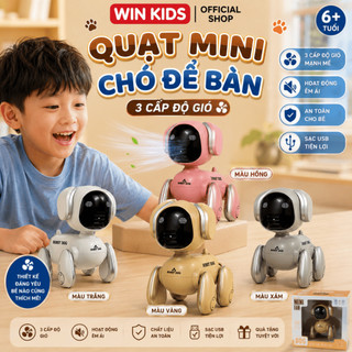 Quạt Mini Robot Chó Để Bàn 3 Cấp Độ Gió Có Đèn LED, Di Chuyển 4 Hướng, Sạc USB Cho Bé