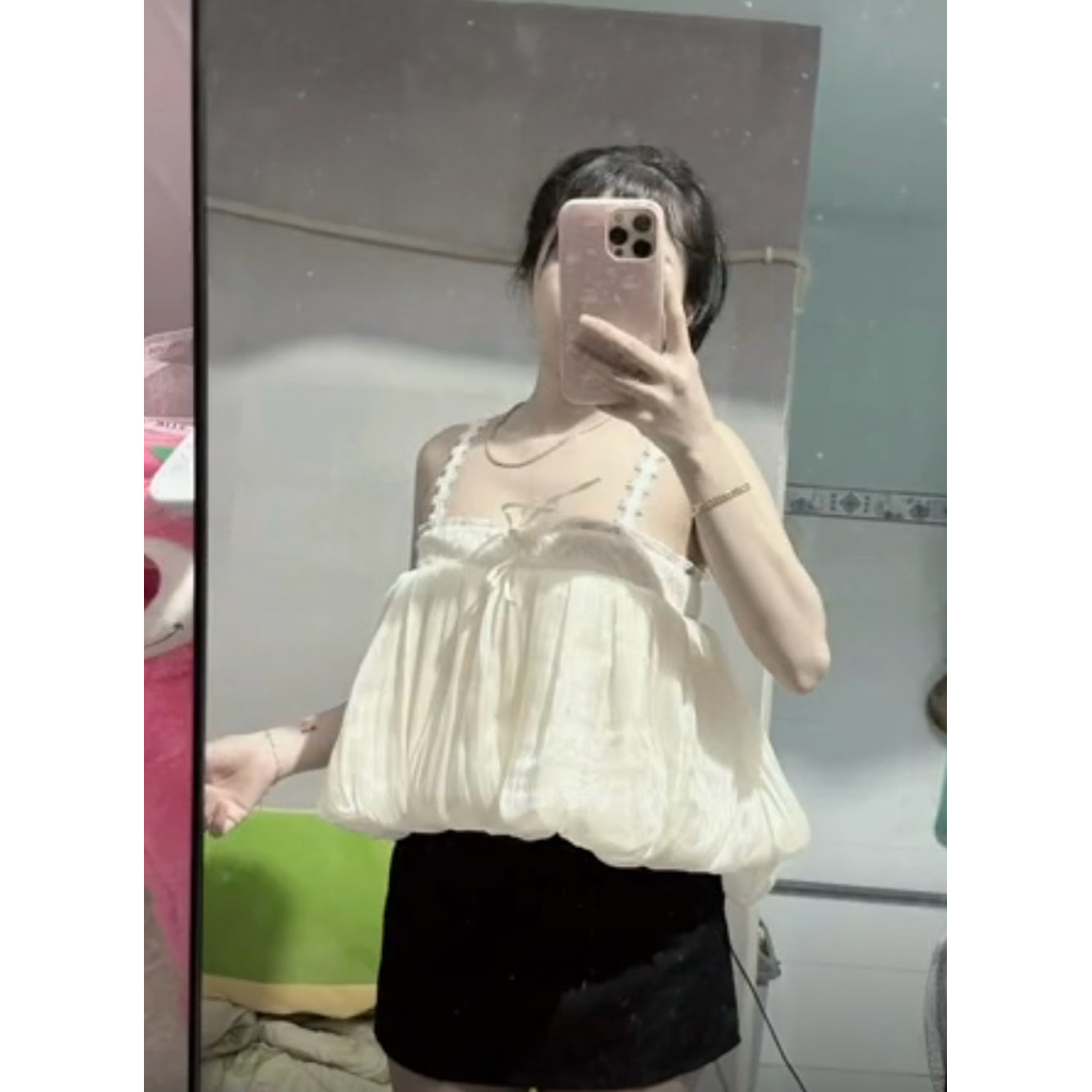 | LYN WEAR | Áo 2 dây babydoll phối ren thắt nơ dáng xoè đi biển du lịch mùa hè