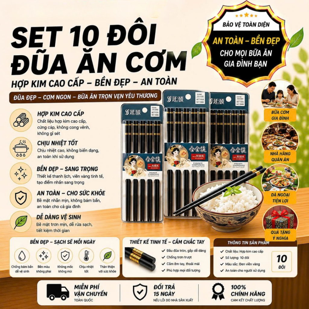 [Đơn 85k Nhận Quà] Bộ10 đôi đũa hợp kim Nhật Bản, đũa ăn cao cấp kháng khuẩn chống trơn trượt chịu nhiệt cao