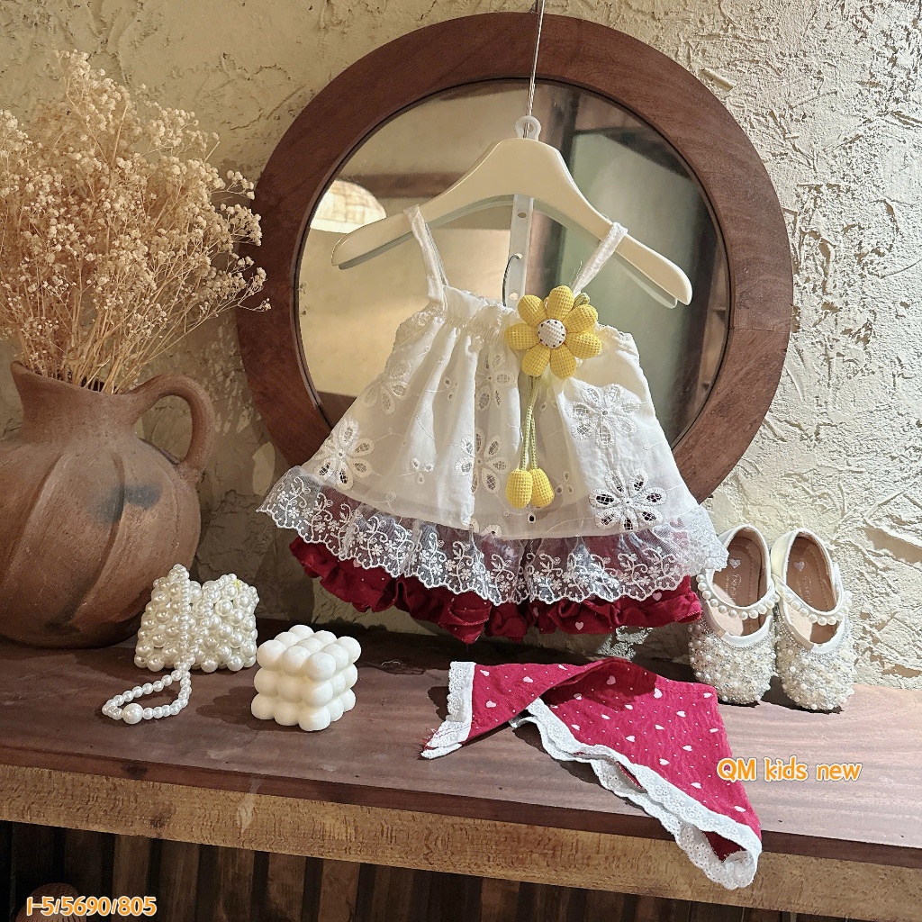 <TẶNG KHĂN> Đồ bộ bé gái, set đồ bé gái, áo 2 dây ren trắng 2 lớp mix chân váy bi đỏ 6-15kg Hami Kids