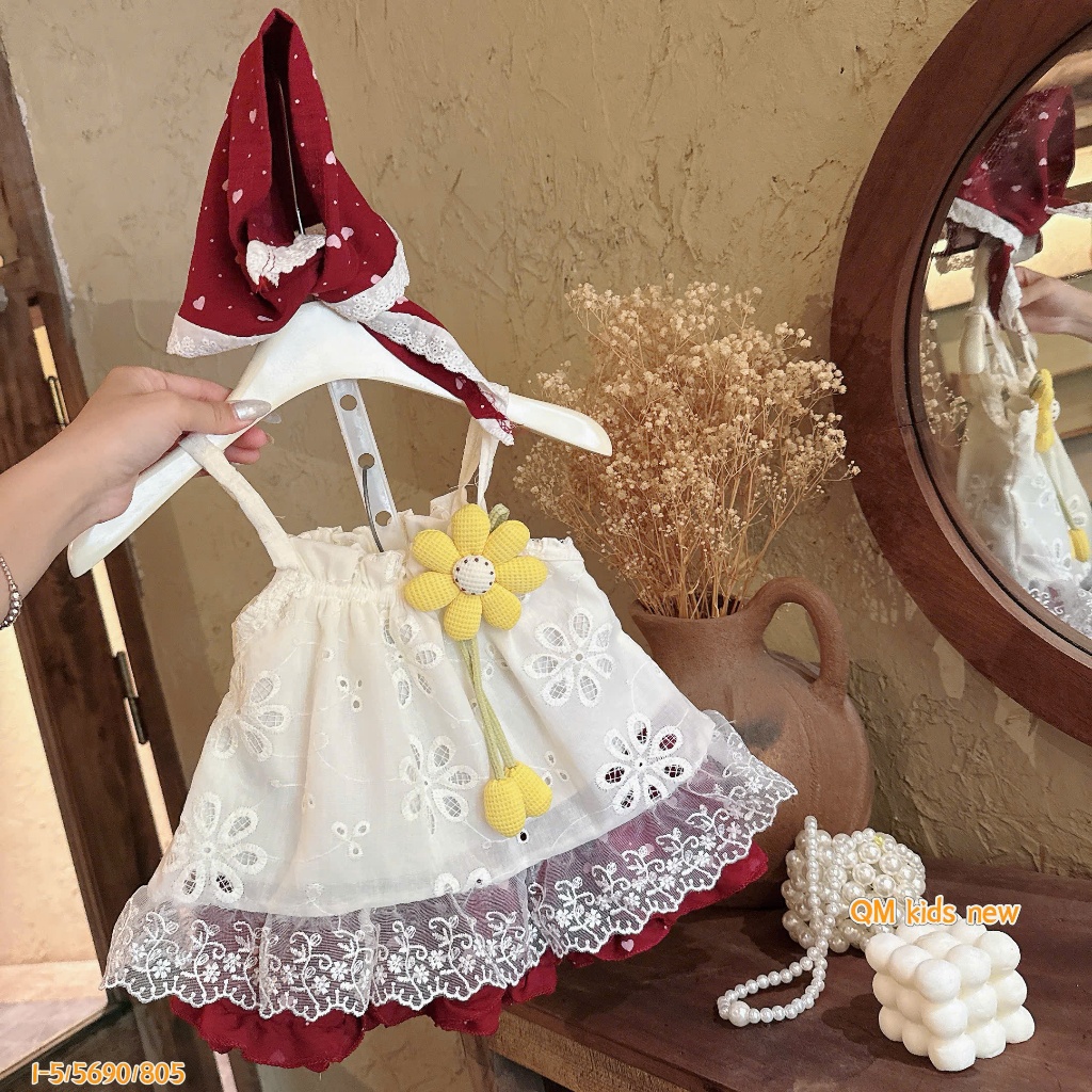 <TẶNG KHĂN> Đồ bộ bé gái, set đồ bé gái, áo 2 dây ren trắng 2 lớp mix chân váy bi đỏ 6-15kg Hami Kids