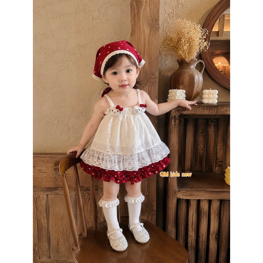 <TẶNG KHĂN> Đồ bộ bé gái, set đồ bé gái, áo 2 dây ren trắng 2 lớp mix chân váy bi đỏ 6-15kg Hami Kids