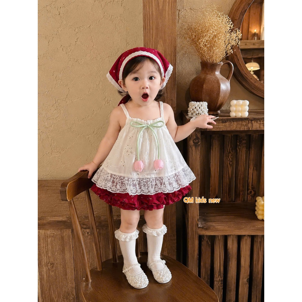 <TẶNG KHĂN> Đồ bộ bé gái, set đồ bé gái, áo 2 dây ren trắng 2 lớp mix chân váy bi đỏ 6-15kg Hami Kids
