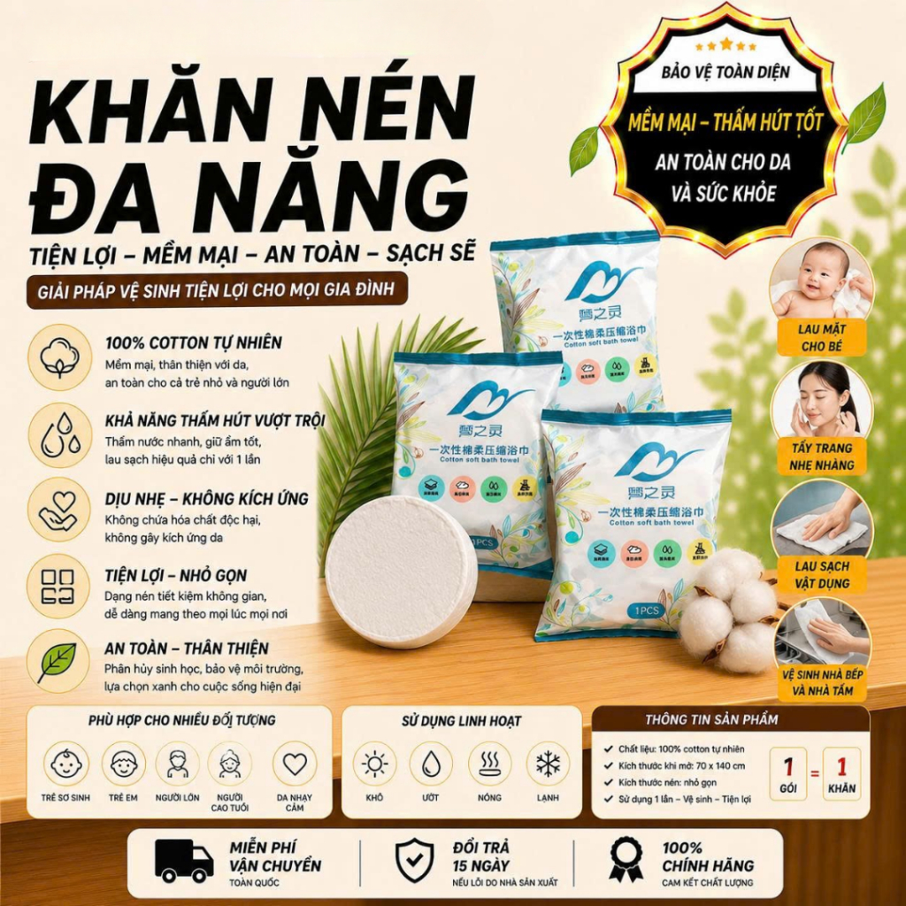 [Đơn 85k Nhận Quà] Combo 5 Khăn Tắm Nén Du Lịch Giấy Nén Dùng 1 Lần Tiện Dụng Thấm Hút Nhanh Tiện Lợi 70x140cm