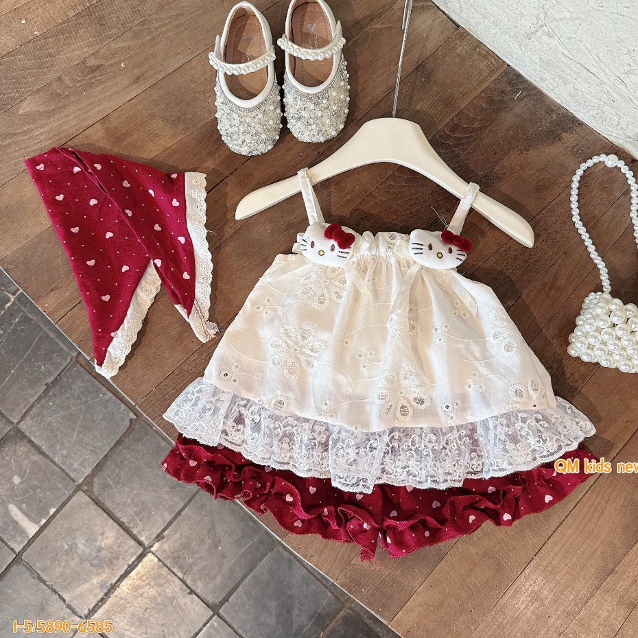 <TẶNG KHĂN> Đồ bộ bé gái, set đồ bé gái, áo 2 dây ren trắng 2 lớp mix chân váy bi đỏ 6-15kg Hami Kids