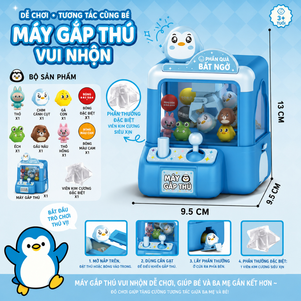 Máy Gắp Thú Mini Cho Bé Kèm Thú Ngộ Nghĩnh, Đồ Chơi Tương Tác Gia Đình, Quà Tặng Cho Trẻ Em