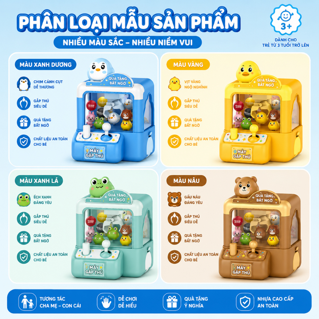 Máy Gắp Thú Mini Cho Bé Kèm Thú Ngộ Nghĩnh, Đồ Chơi Tương Tác Gia Đình, Quà Tặng Cho Trẻ Em